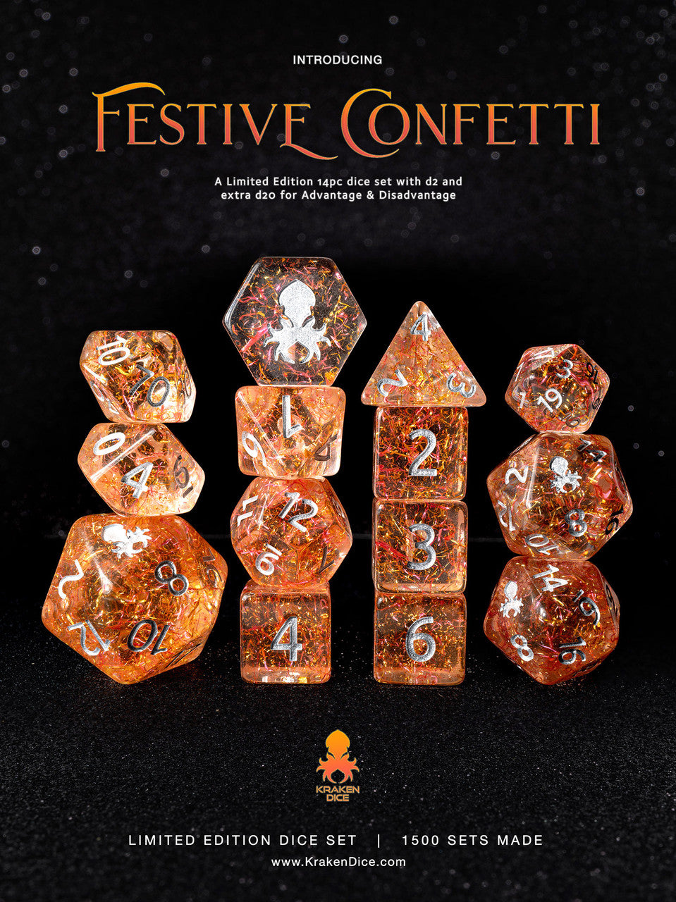 Festive Confetti 14pc Silver Ink Dice Set With Kraken Logo for TTRPGs